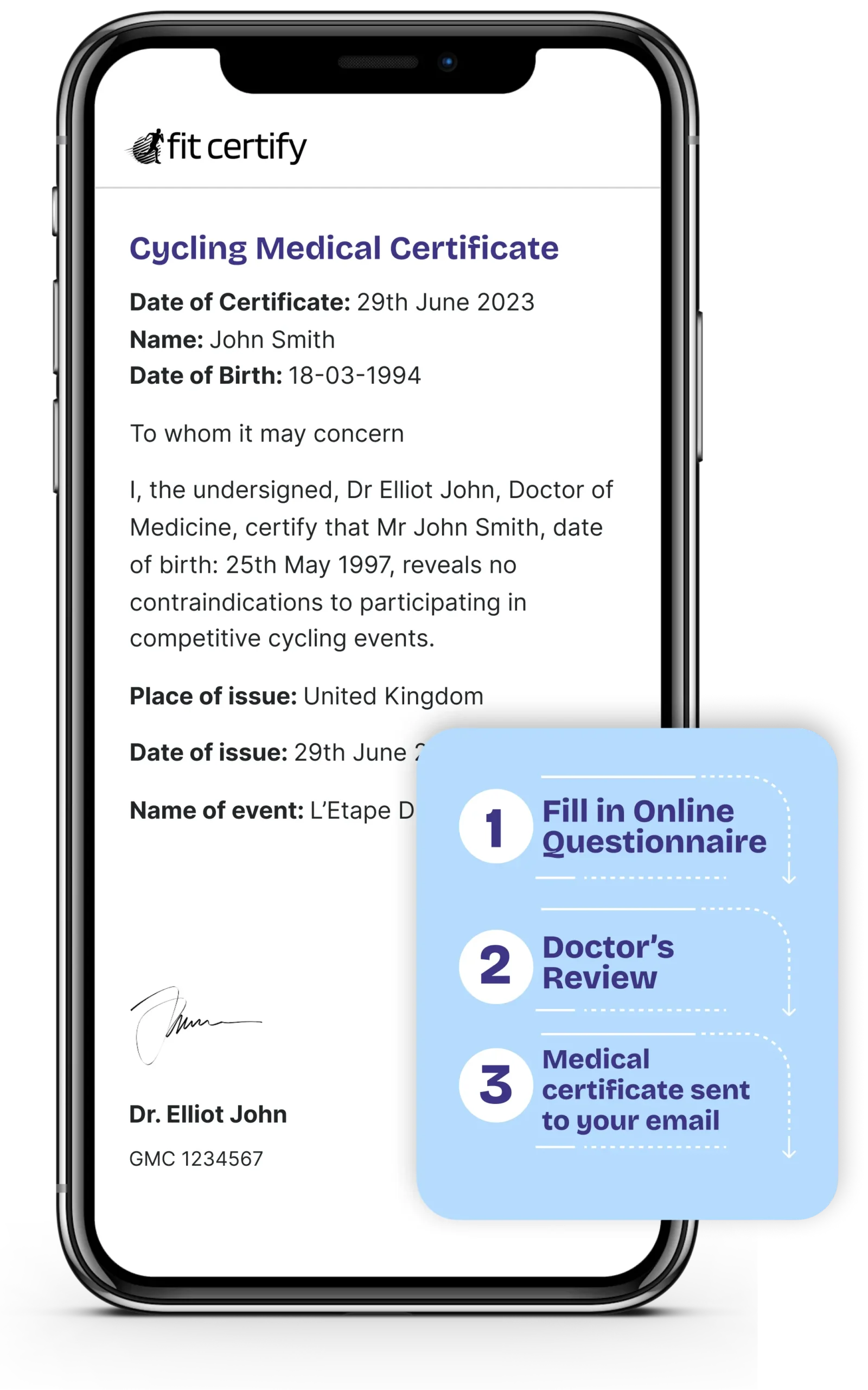 A mock up of a mobile phone displaying a cycling medical certificate issued by a doctor from Fit Certify.
