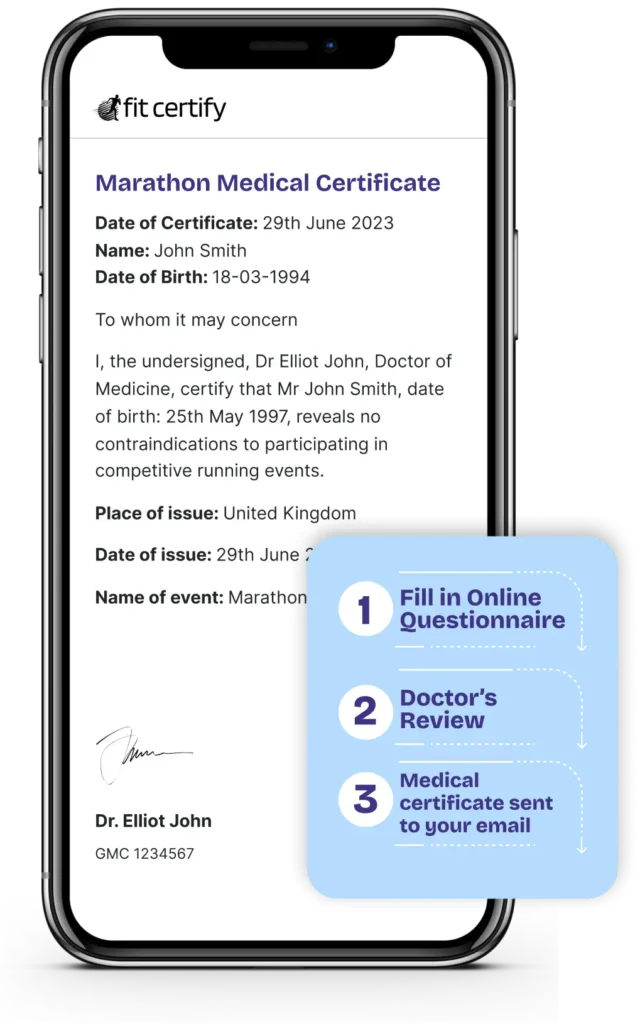 A mock up of a mobile phone displaying a marathon medical certificate, issued by a doctor at Fit Certify.
