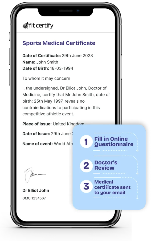 A mock up of a mobile phone displaying a sports medical certificate issued by a doctor at Fit Certify.