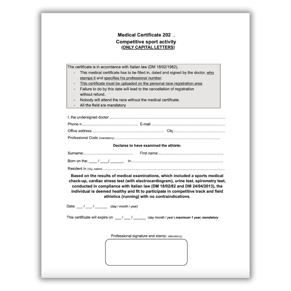 The medical certificate template for the UTMB Chianti Ultra Trail 2026, signed by a sports doctor at Fit Certify.