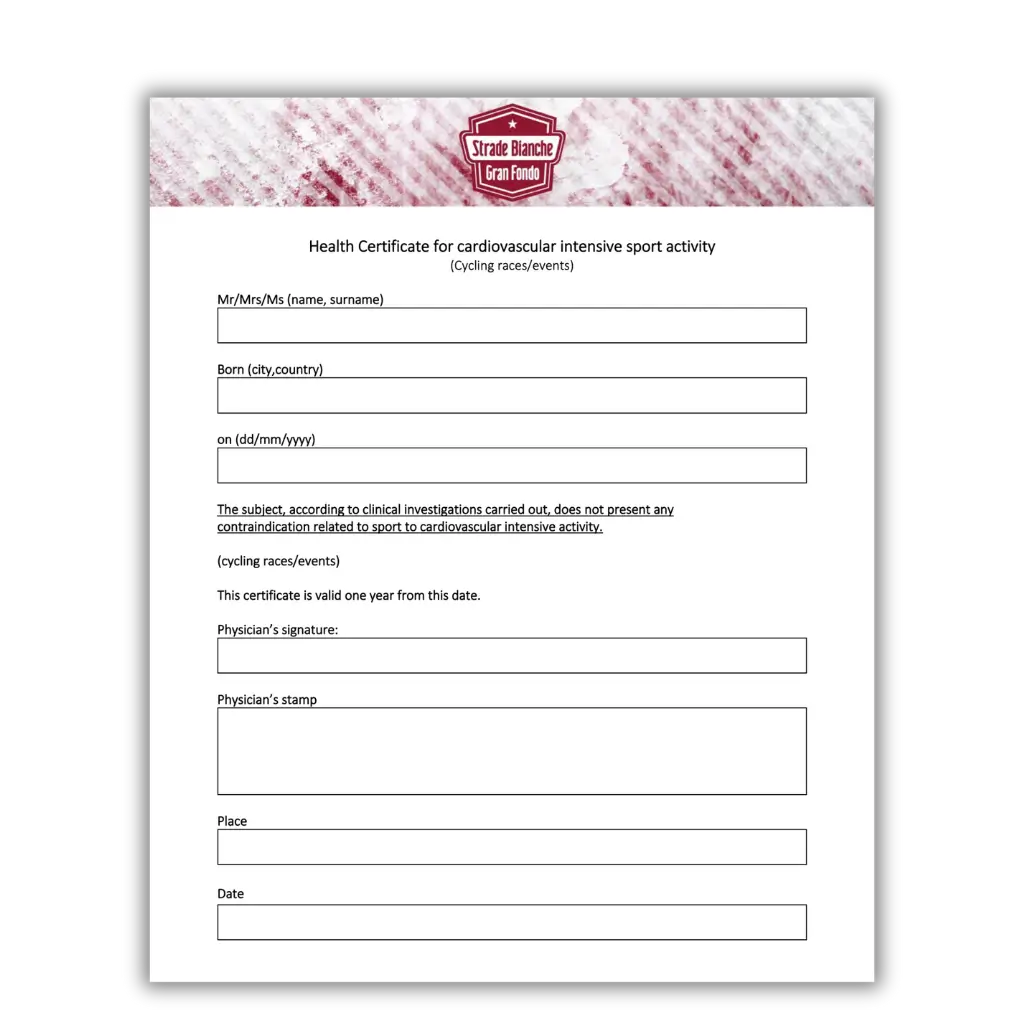 A Gran Fondo Strade Bianche Medical Certificate.
