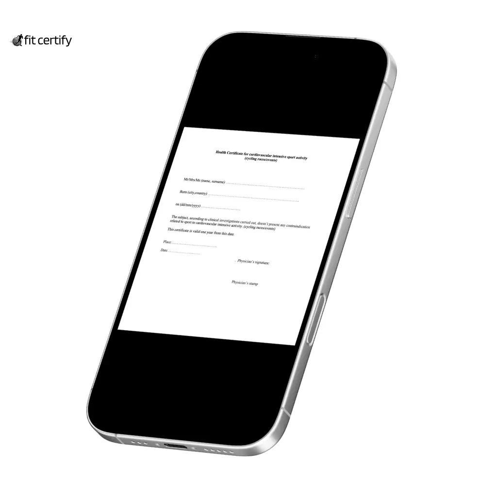 A mobile phone displaying a medical certificate for the Bergamo Gran Fondo, issued by a doctor at Fit Certify.