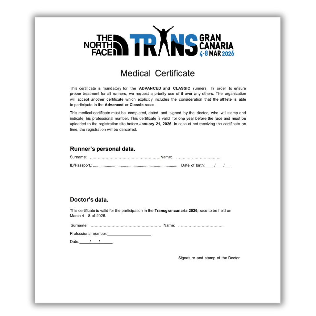 Transgrancanaria marathon medical certificate signed by a doctor at Fit Certify.