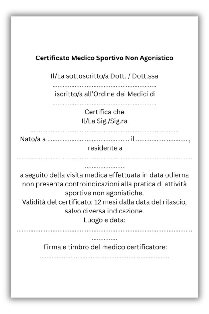 A Certificato Medico Sportivo Non Agonistico issued by a doctor at Fit Certify, also known as a Medical Certificate for Non-Competitive Sports in Italy.