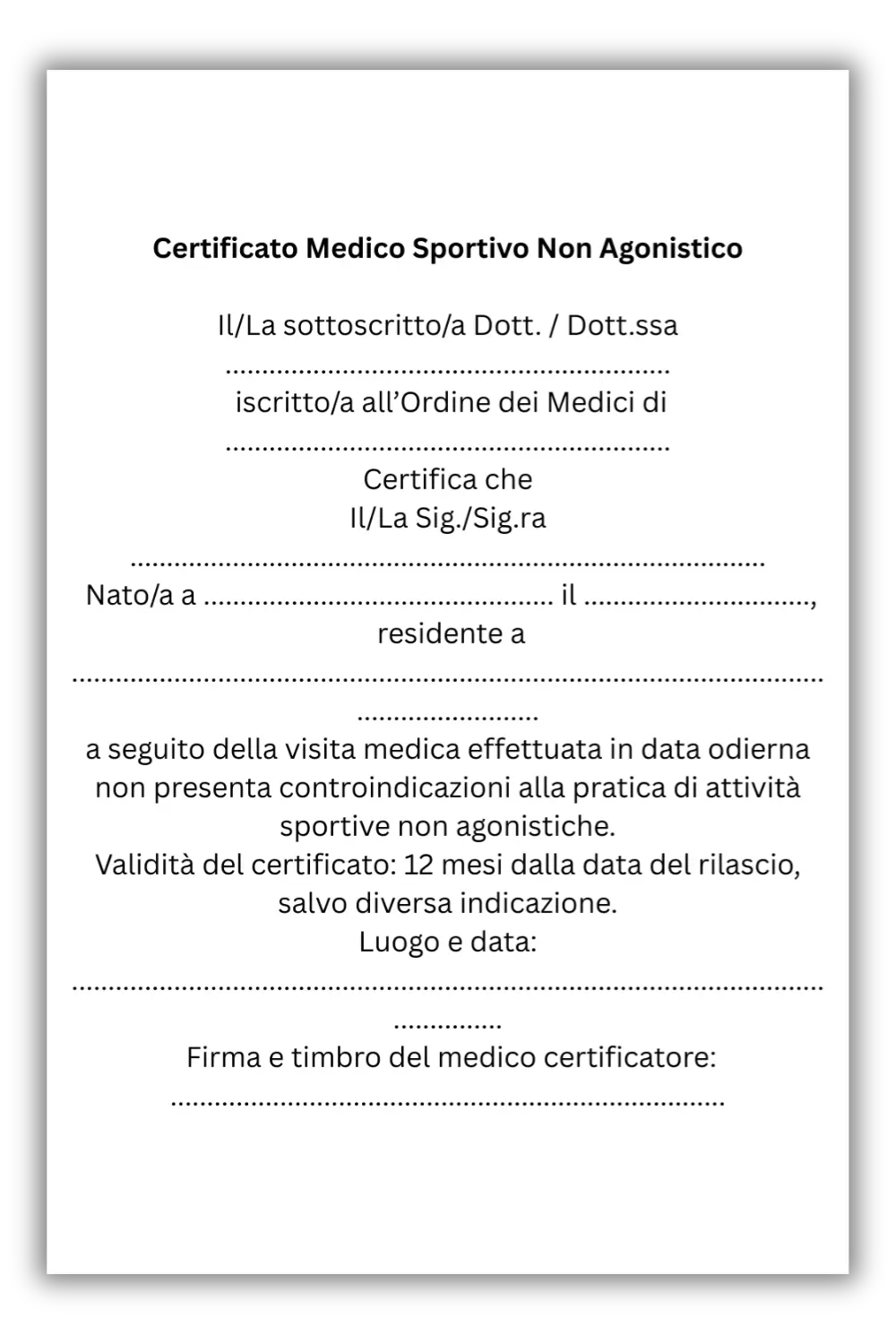 A Certificato Medico Sportivo Non Agonistico issued by a doctor at Fit Certify, also known as a Medical Certificate for Non-Competitive Sports in Italy.